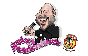 A humorous caricature of a man singing with a microphone, featuring vibrant colors and playful style.